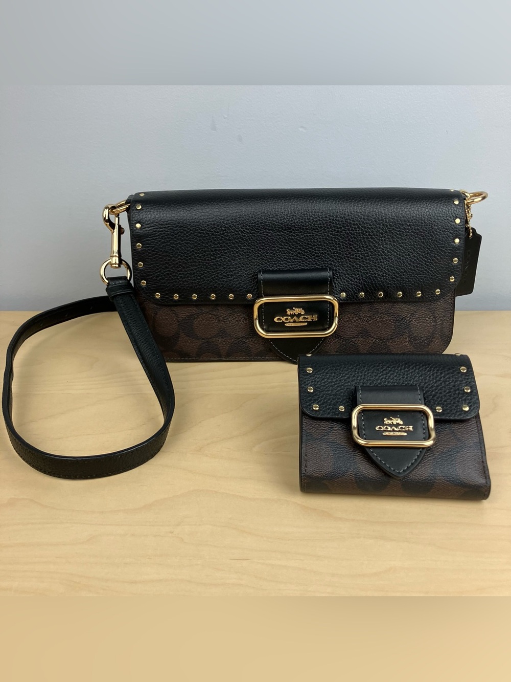 Coach CE563 Morgan Signature Crossbody Purse Bag Studded W/ Matching Wallet